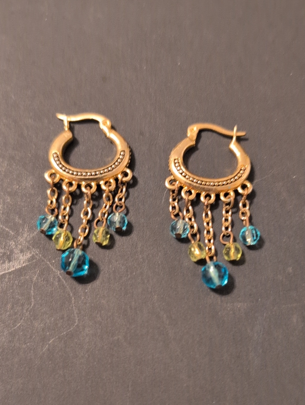 Gold Hoop Dangle Earrings with Blue and Yellow/Green Crystal Beads